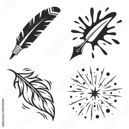 Black quill pen ink splash feather and abstract burst vector