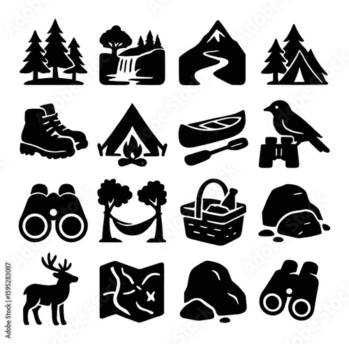 Nature retreat icon collection. camping, hiking, wildlife silhouette icons: tent, map, trail, fire, deer, canoe, trees, boots vector icons.
