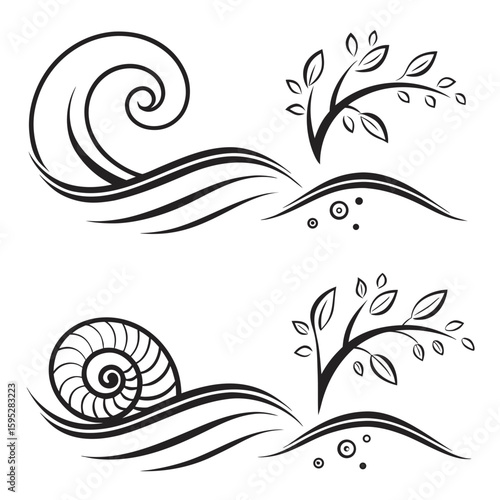 Black swirling wave and leafy branch motifs white spiral