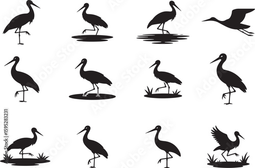 set of stork silhouette vector icon, stork with a fish in mouth, stork silhouette vector icon, vector illustration of stork icon, symbol of standing stork, white stork isolated on white background.