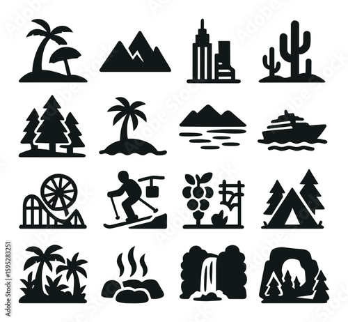Vacation destination icon collection. travel, adventure, relaxation silhouette beach, mountain, city, desert, cruise, ski, tent, campfire, waterfall vector icons.