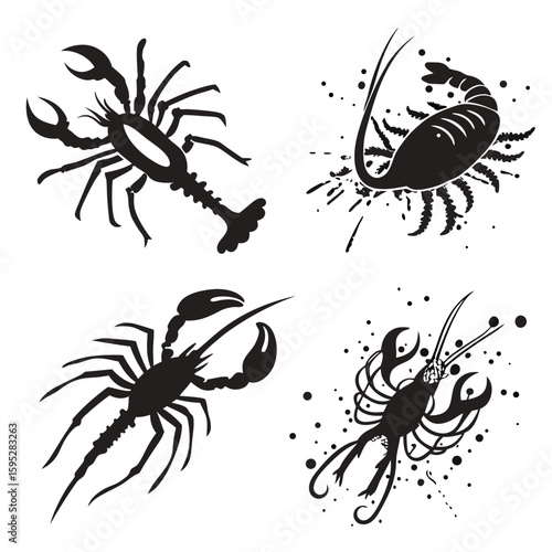 Black aquatic arthropod silhouettes crustacean lobster