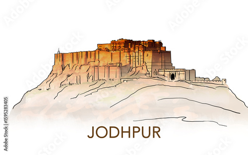 Mehrangarh fort, Rajasthan, India. Artistic sketch. Hand drawn watercolour postcard, poster, book illustration