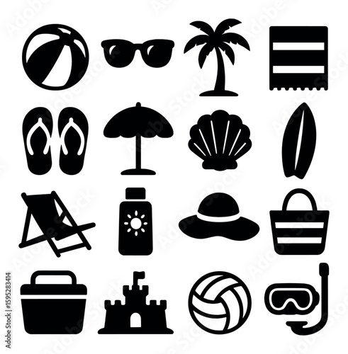 Beach vacation icon collection. relaxation, recreation silhouette icons. towel, palm, volleyball, snorkel, shell, umbrella, flip-flops vector icons.