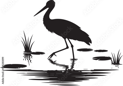 stork silhouette vector icon, vector illustration of stork icon, symbol of standing stork, black and white stork isolated on white background.
