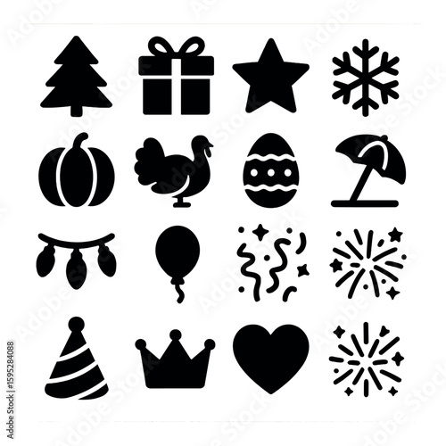 Holiday icon collection. simple silhouette style: tree, gift, star, snowflake, and more vector icons