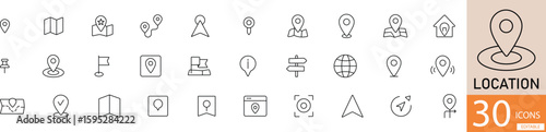  Black line icon set with 30 location and navigation icons. Great for maps, travel apps, GPS, and user interface design