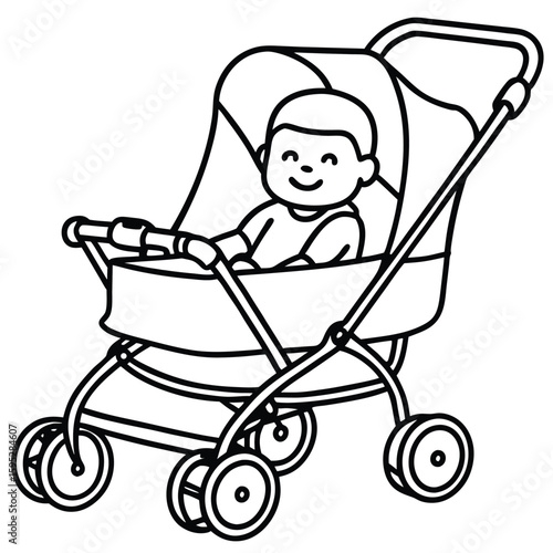 Minimalist Baby in Stroller One-Line Drawing Icon - Clean Vector Art on White Background