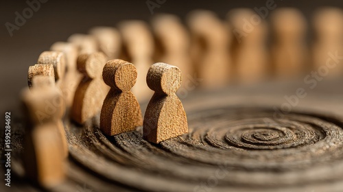Wooden people icons arranged in upward spiral to depict leadership succession and pipeline growth.
