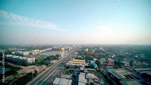 An aerial view of a sprawling city skyline