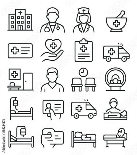Healthcare icon collection. medical, doctor, nurse, hospital, ambulance, clipboard, patient, flat vector icons.