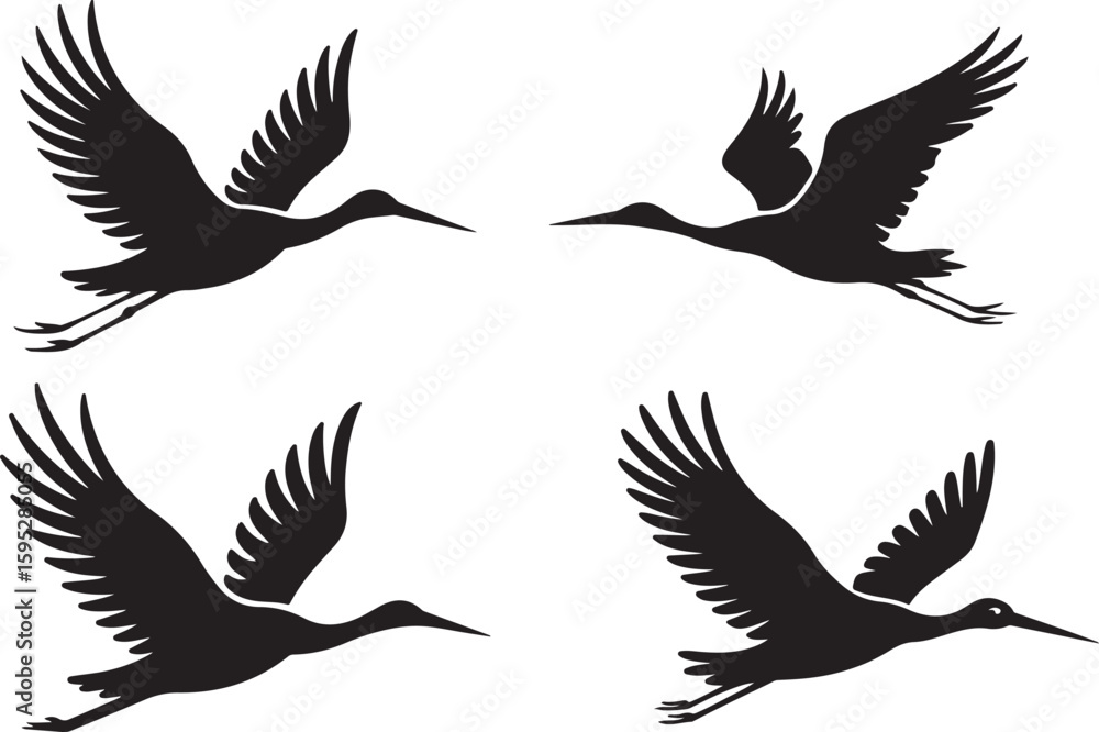 Fototapeta premium set of stork silhouette vector icon, stork with a fish in mouth, stork silhouette vector icon, vector illustration of stork icon, symbol of standing stork, white stork isolated on white background.