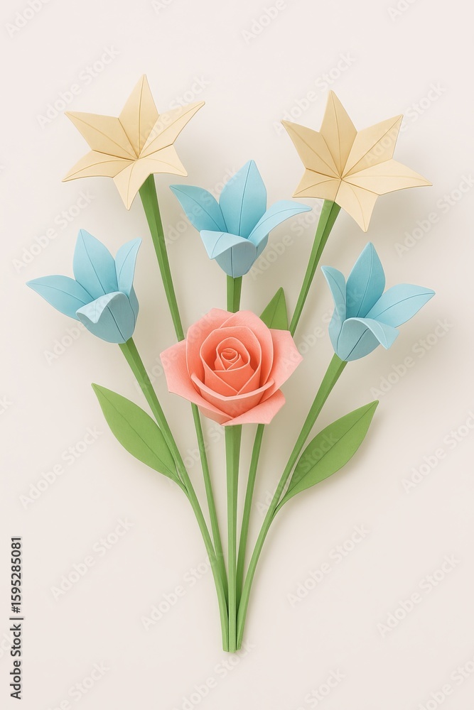 Fototapeta premium A delicate bouquet of pastel paper flowers featuring a pink rose blue tulips and yellow star shaped blooms