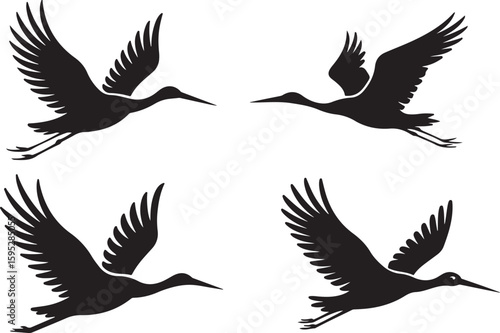 set of stork silhouette vector icon, stork with a fish in mouth, stork silhouette vector icon, vector illustration of stork icon, symbol of standing stork, white stork isolated on white background.