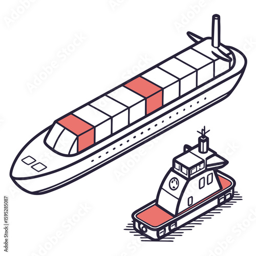 Cargo ship and tugboat illustration maritime transportation