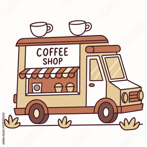Coffee truck with cups and grass food truck mobile shop