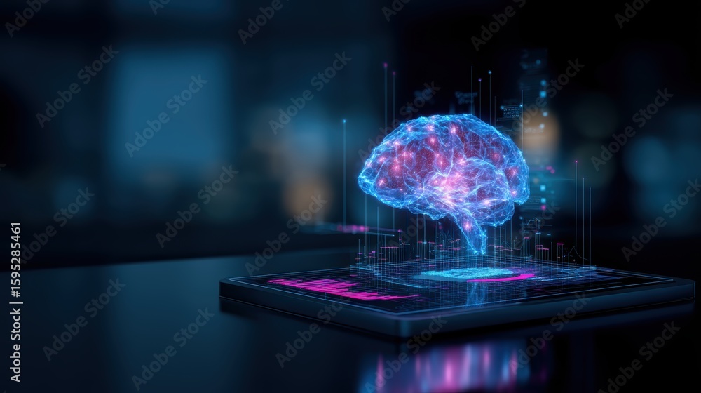 Obraz premium A glowing holographic brain projection emerges from a tablet, symbolizing advanced technology, artificial intelligence, and digital innovation, laptop with AI checklist