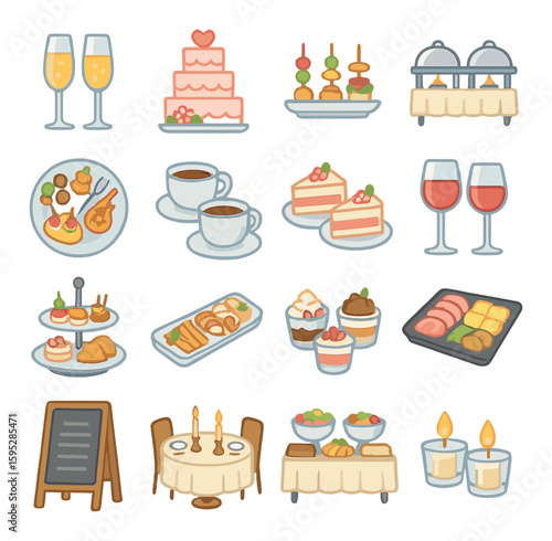 Wedding catering icon collection. elegant celebration linear icons. cake, wine, dessert, buffet, table vector icons.