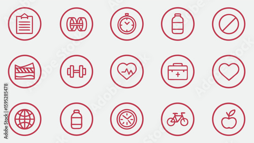 Collection of red health and fitness icons in oval shapes on a light background