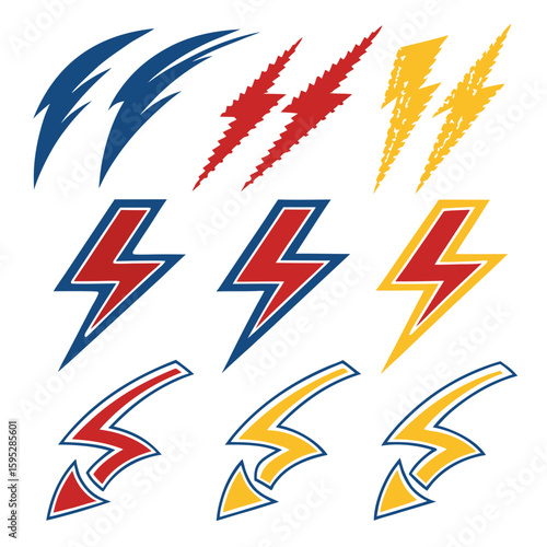 Dynamic lightning bolt icons in blue red and yellow thunder energy