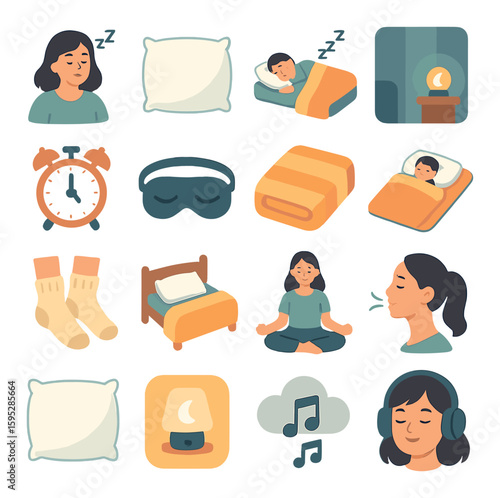 Cozy nap icon collection: simple bed, pillow, sleep, lamp, socks, alarm clock, meditation, music vector icons