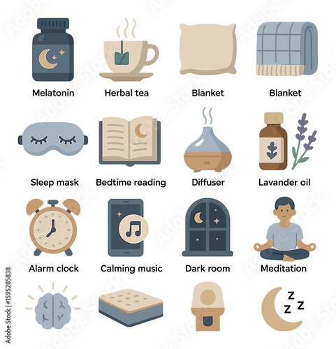 Sleep health essentials icon collection: flat melatonin, herbal tea, blanket, meditation vector icons