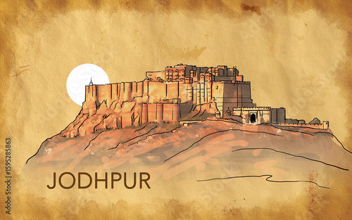 Mehrangarh fort, Rajasthan, India. Artistic sketch. Hand drawn watercolour postcard, poster, book illustration