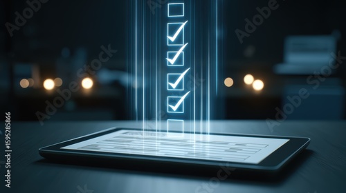 A digital tablet displays a checklist with glowing checkmarks rising upward, symbolizing task completion and productivity in a futuristic, dark setting, laptop with AI checklist
