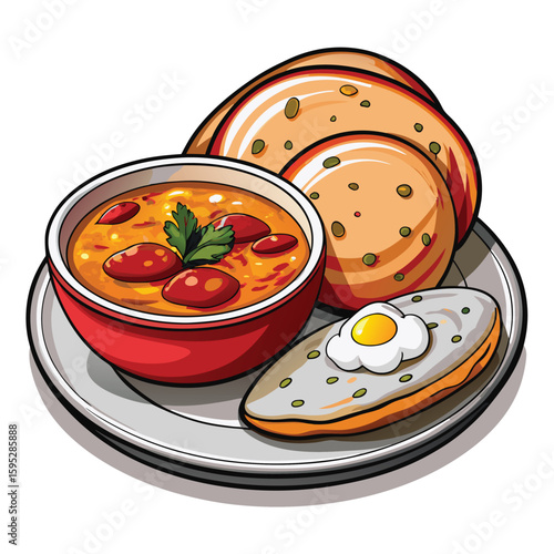 Delicious fresh red tomato soup in a bowl with bread, a healthy vegetarian meal or appetizer