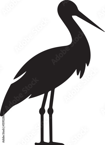 stork silhouette vector icon, vector illustration of stork icon, symbol of standing stork, black and white stork isolated on white background.