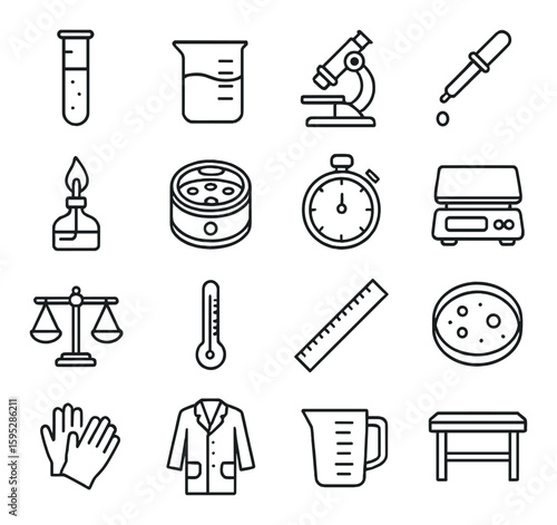 Laboratory instruments icon collection. simple scientific equipment, scale, clock, gloves, beaker, ruler vector icons.