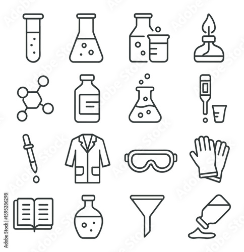 Chemistry lab icon collection. simple linear icons of beaker, molecule, flask, gloves, funnel vector icons.