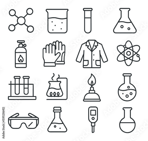 Chemical lab icon collection. simple linear style: molecule, flask, test tube, goggles, burner vector icons.