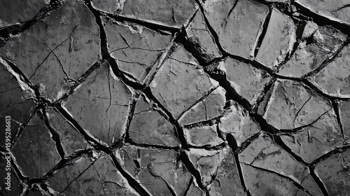 Abstract black and white shattered pattern of broken geometric shapes and cracks