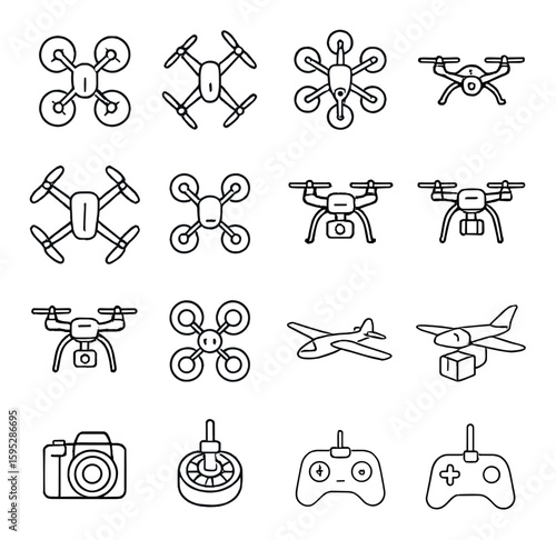 Drone icon collection: simple aerial vehicle, camera, controller, delivery, quadcopter vector icons