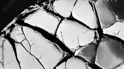 Black and white abstract composition of broken shapes and shattered surface with lines