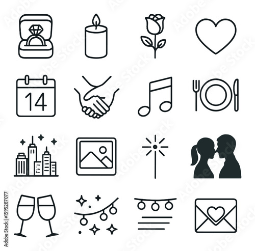 Romantic proposal icon collection. simple linear set: ring, rose, candle, heart, love, date, music, dinner, city, kiss, champagne, decor, email vector icons.