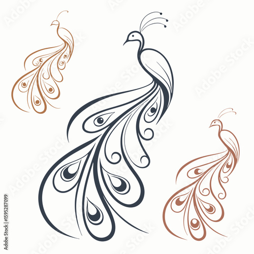 Elegant stylized peacocks ornate feather designs decorative