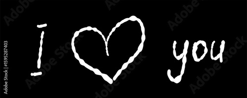White Handwritten "I Love You" on Black Background. Stylized white handwritten "I love you" with heart symbol, drawn in a wavy style on dark black background for bold contrast.