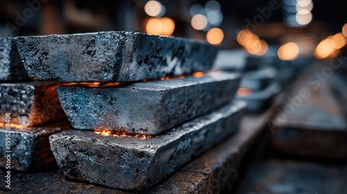 Stacked aluminum ingots glow under warm industrial lighting, illustrating material refinement, resource tracking, and smart production monitoring in metal manufacturing tech.