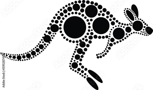 Stylized black and white kangaroo illustration crafted with dot pattern on white background