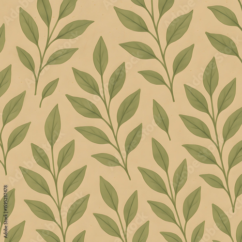 Seamless Botanical Pattern: Elegant branches with delicate green leaves adorn a seamless pattern, conveying a sense of nature and serenity in a subtle, inviting way. 