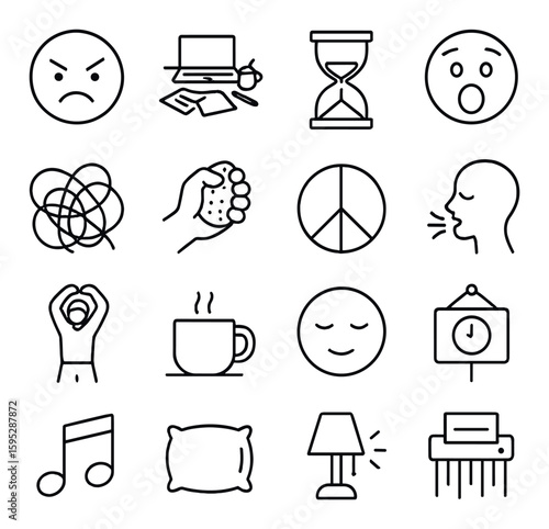 Stress to serenity icon collection. relaxation and calm silhouette icons - stress, peace, music, relax vector icons