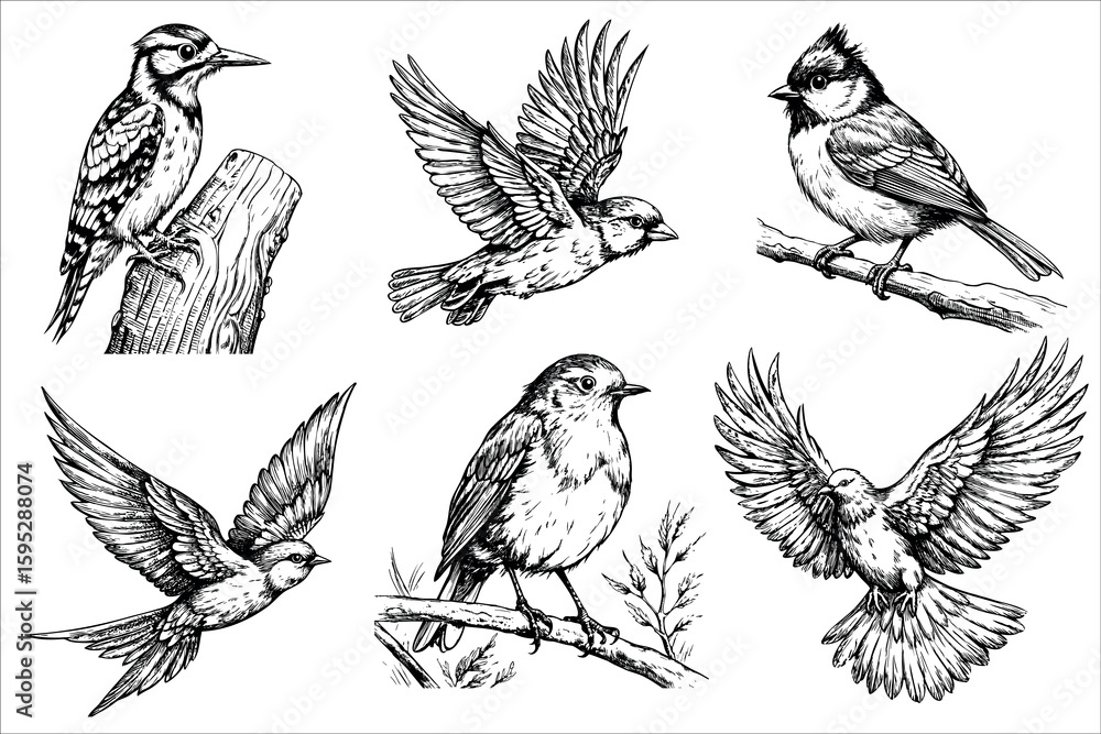 Obraz premium A collection of six detailed illustrations of various birds. The birds include a woodpecker, titmouse, and other small songbirds, each depicted in flight or perched.