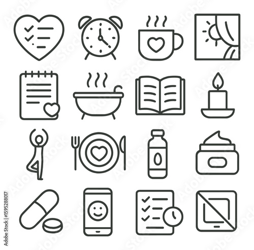 Daily routine icon collection: simple linear wellness, alarm, coffee, yoga, bath, candle, vector icons