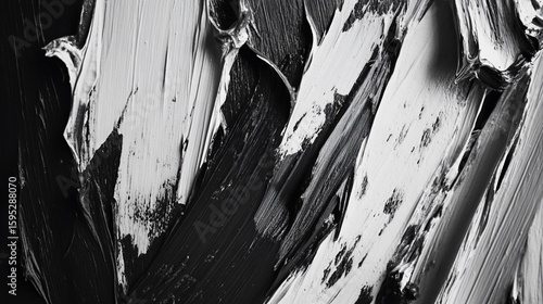 Black and white abstract brushstrokes with varying width and texture in a dramatic composition