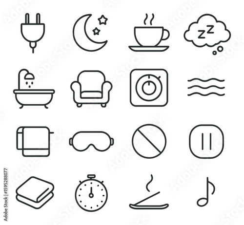 Relaxation icon collection. simple relaxing symbols: sleep, bath, music, timer, cushion, tea, linear vector icons
