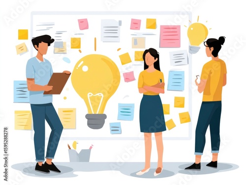 flat vector brainstorming session, creative team using sticky notes and lightbulb icons, clean design