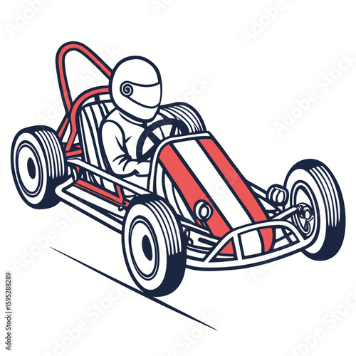 Go kart racer driving fast red white blue racing driver