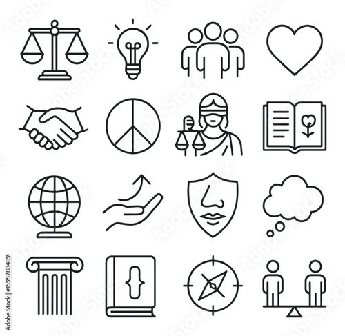 Ethics icon collection. simple linear symbols. justice, peace, equality, heart, shield vector icons